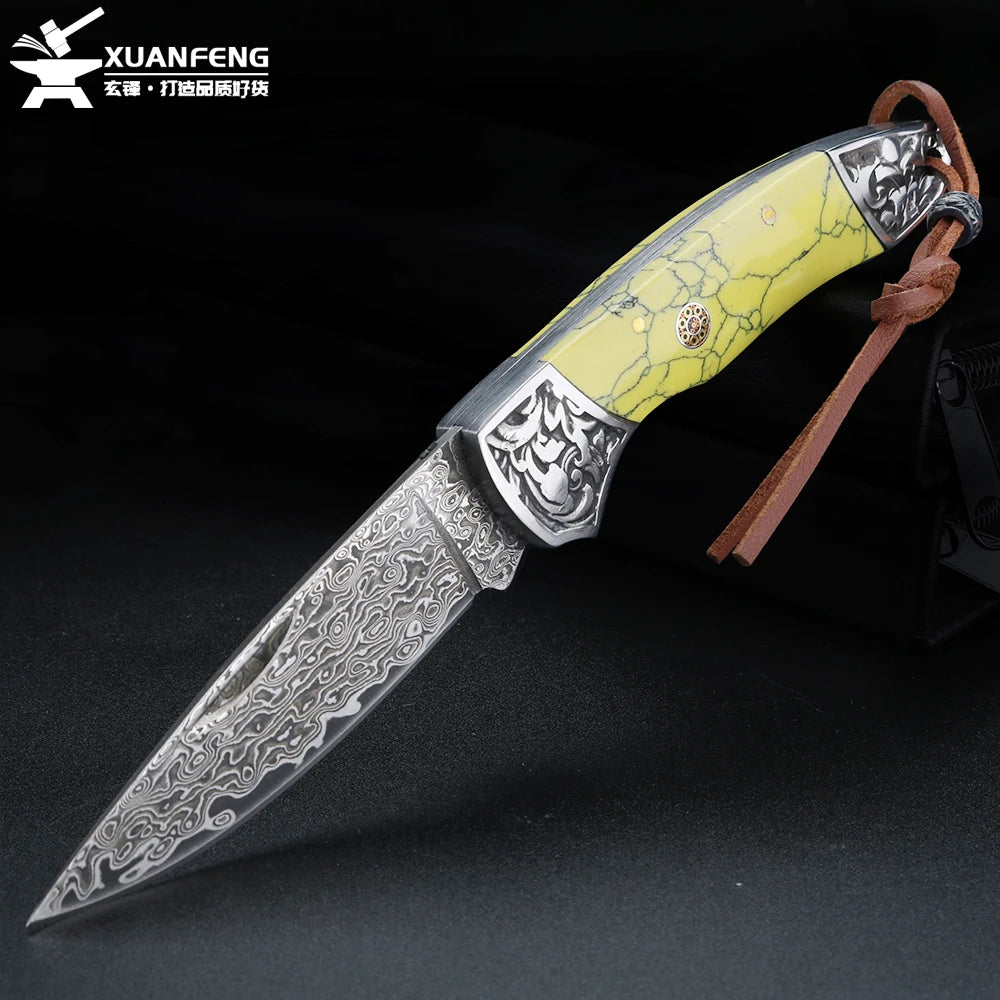 XUANFENG Damascus Folding Pocket Knife – Yellow Handle Folding Pocket Knife Qst YELLOW