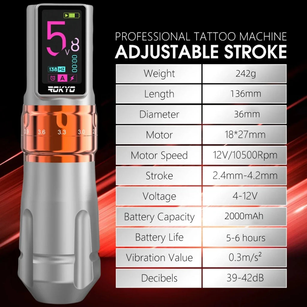 ROKYO CR07 Wireless Tattoo Machine Pen | OLED Adjustable Stroke Wireless Tattoo Machine Qme