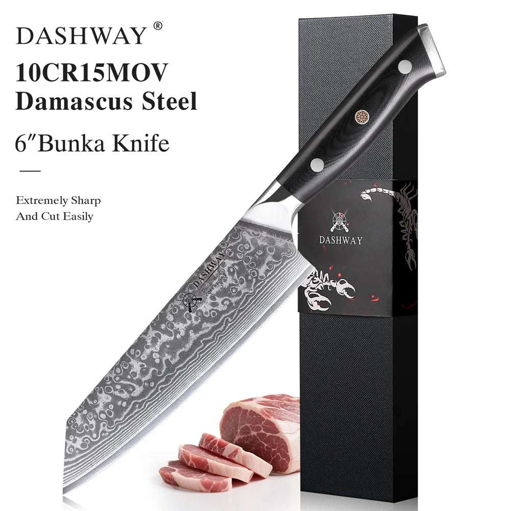 DASHWAY 6-Inch Damascus Steel Bunka Kiritsuke Chef Knife Damascus Chef Knife Qst