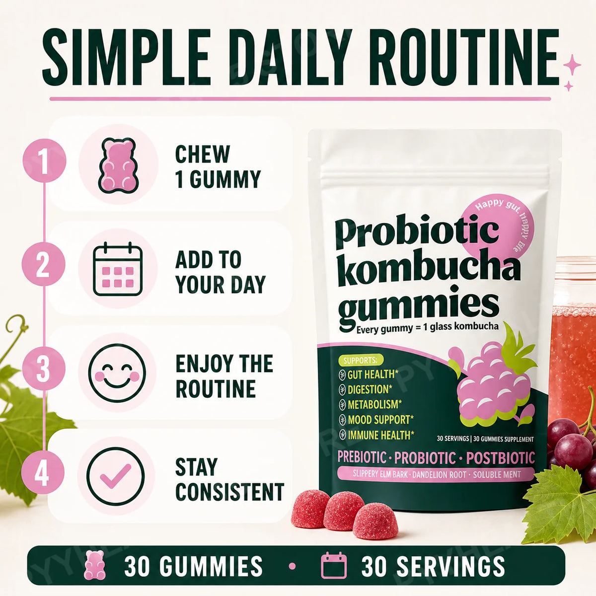 Probiotic Gummies with Prebiotic Fiber, Kombucha & Dandelion Root Probiotic Gummies Qst