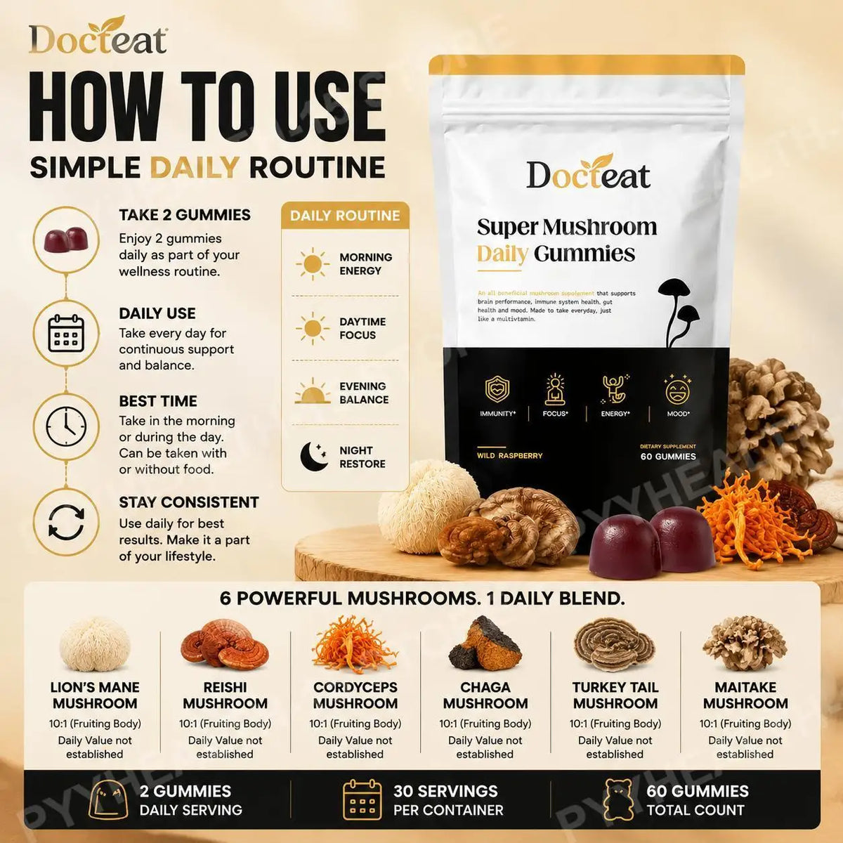 Docteat Super Mushroom Gummies 10:1 Fruiting Body Blend 60ct Mushroom Supplement Gummies Qst