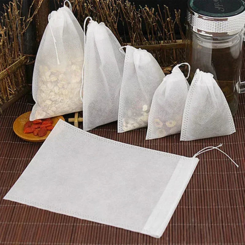 Disposable Drawstring Tea Filter Bags | Non-Woven, 100 Pack Tea Filter Bags Qme