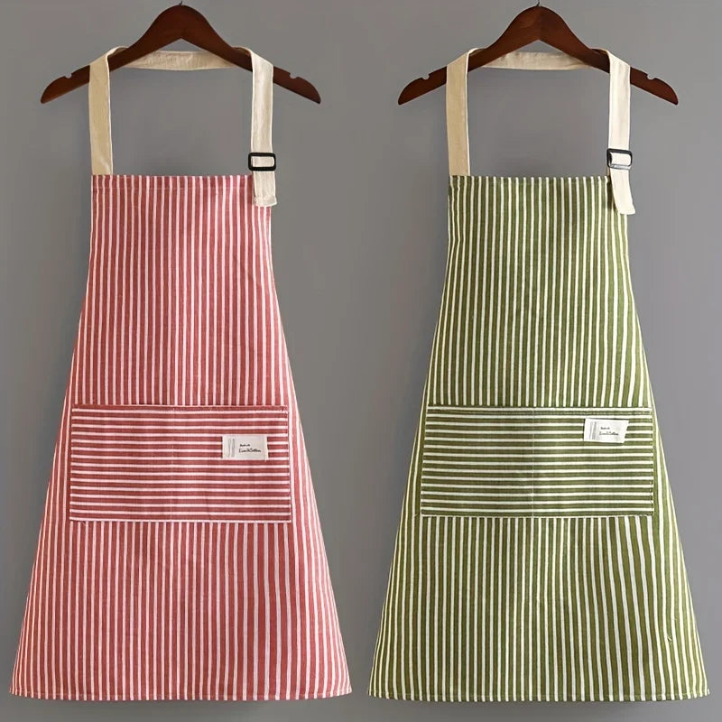 Striped Linen Kitchen Apron – Adjustable Strap & Pocket Kitchen Apron Qme