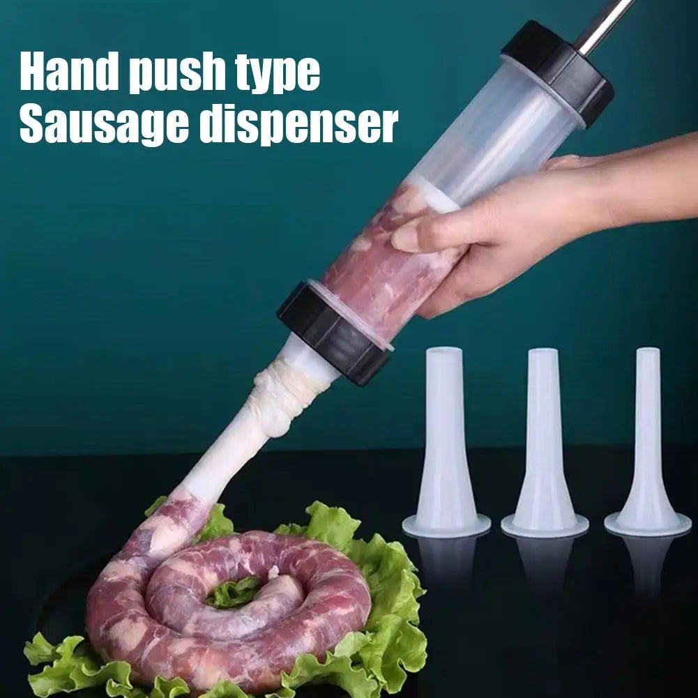 Manual Sausage Maker with 3 Stuffing Nozzles | Handheld Filler Sausage Stuffer Tool Qme