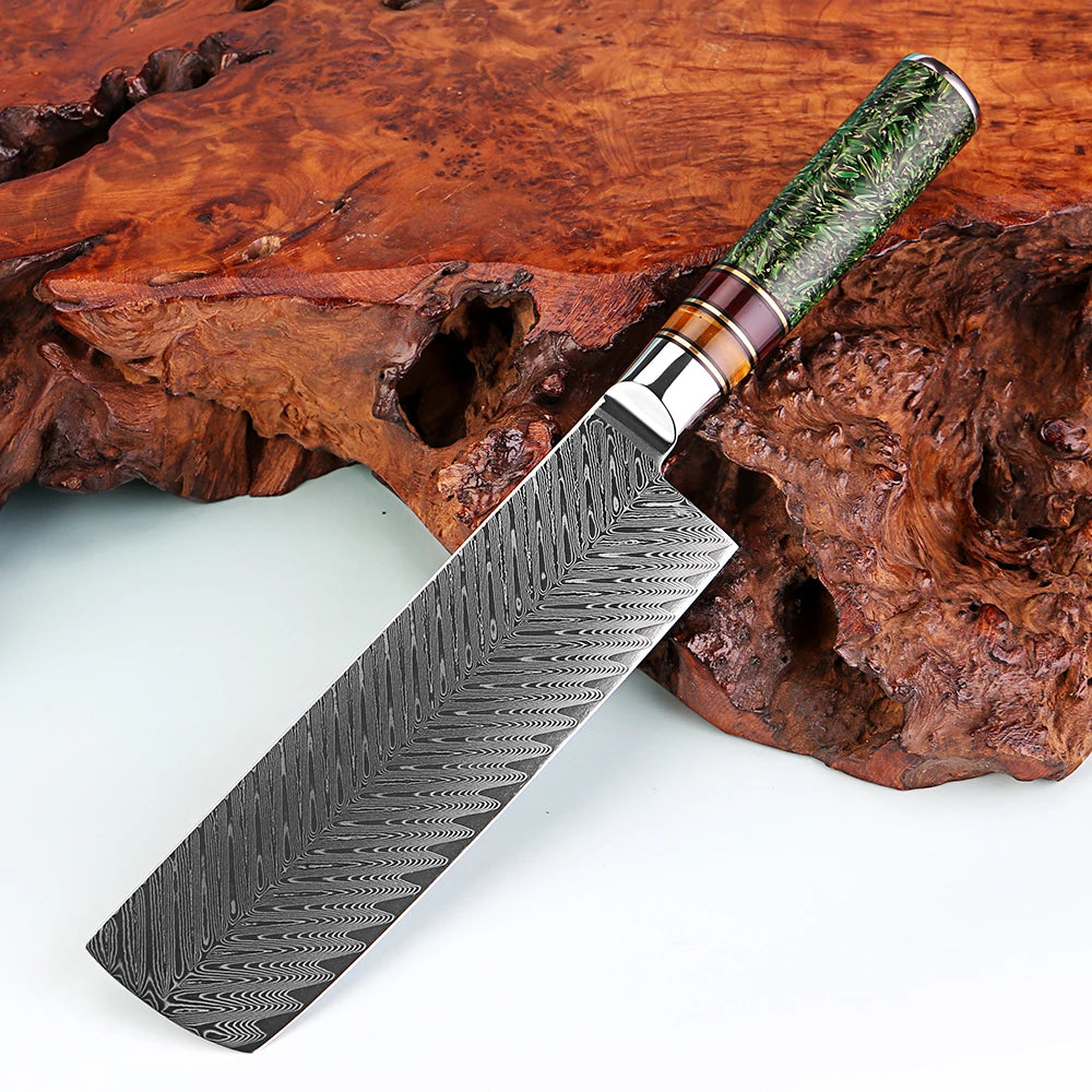 XITUO 7" Damascus Steel Nakiri Knife – Rice Husk Handle Nakiri Kitchen Knife Qst