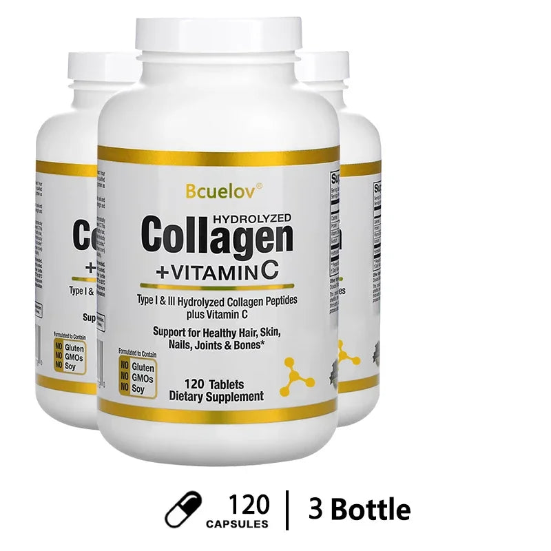 Hydrolyzed Collagen Peptides with Vitamin C – Hair, Skin & Nails Collagen Supplement Qst 120 count-3 bottle