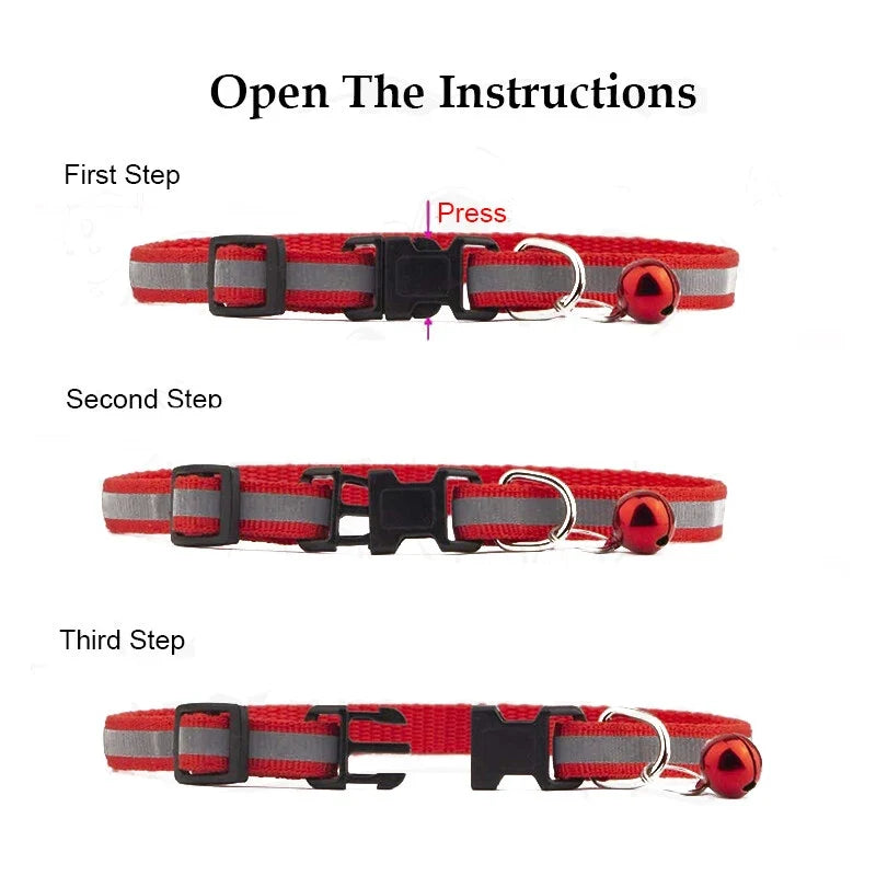 Glowing Reflective Cat & Dog Collar – Safety Buckle & Bell Reflective Pet Collar Qme