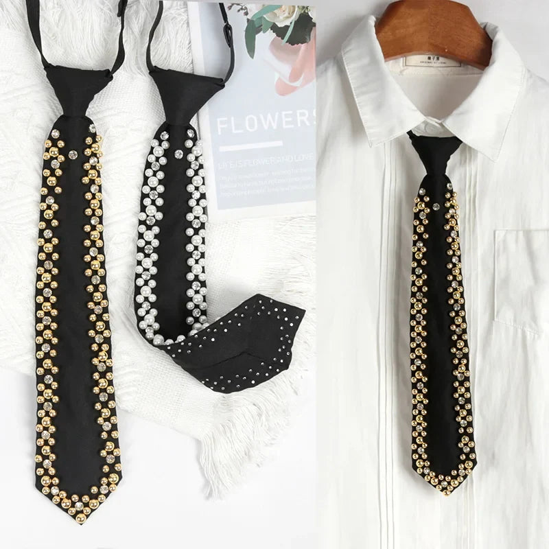 Women's Pearl Beaded Black Necktie – Handmade Fashion Tie Beaded Necktie Qme