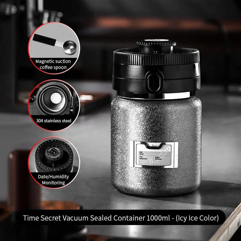 Bincoo 1000ml Airtight Coffee Bean Container – Vacuum Seal Steel Coffee Storage Canister Qst silver bling