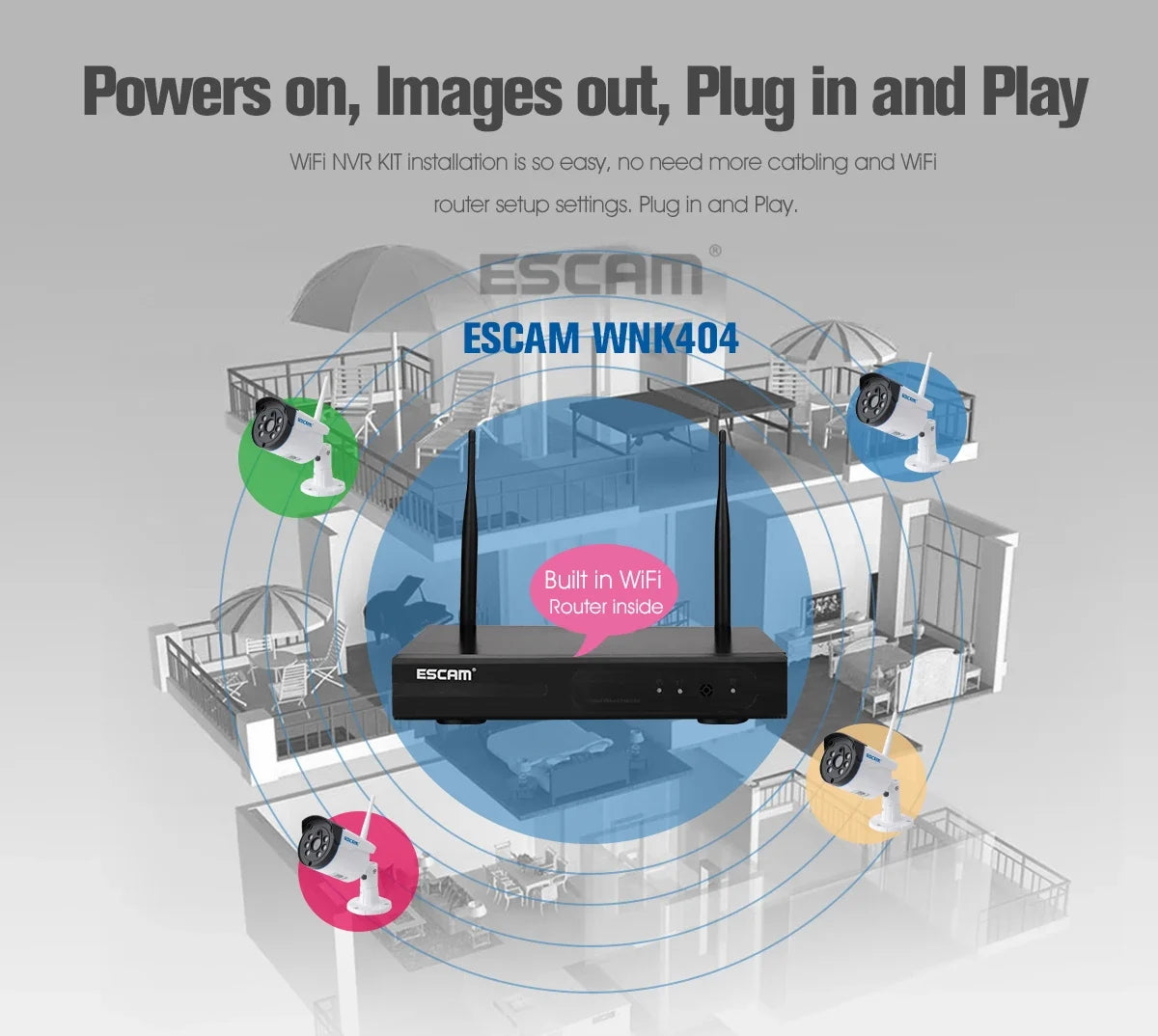 ESCAM WNK404 4CH 1080P Outdoor Wireless Security Camera NVR Wireless Security System Qme