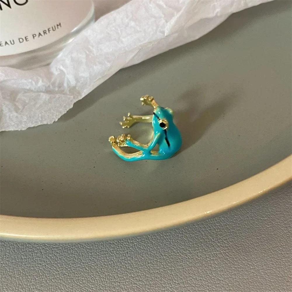 Cute Frog Adjustable Ring – Fun Animal Jewelry, Green & Blue Animal Fashion Ring Qme