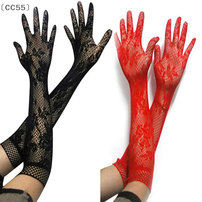 Women's Sheer Lace Fishnet Gloves – Stretchy Elbow Length Fashion Lace Gloves Qst