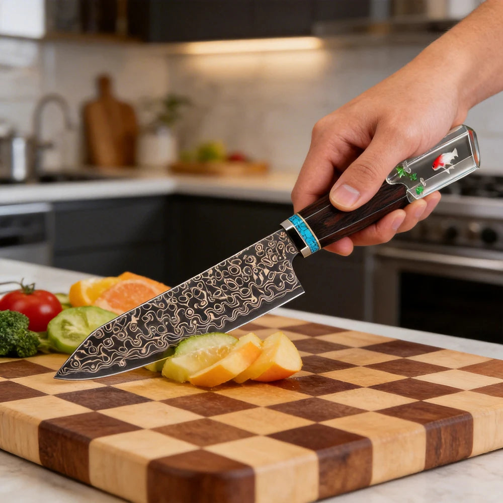 5-Inch Damascus Steel Japanese Utility Knife | Copper Pattern Japanese Kitchen Knife Qst