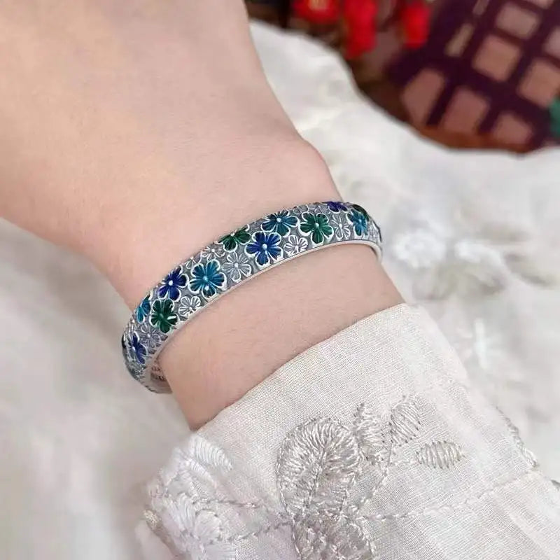 Enamel Plum Blossom Open Bangle | Chinese Floral Bracelet Enamel Cuff Bangle Qme