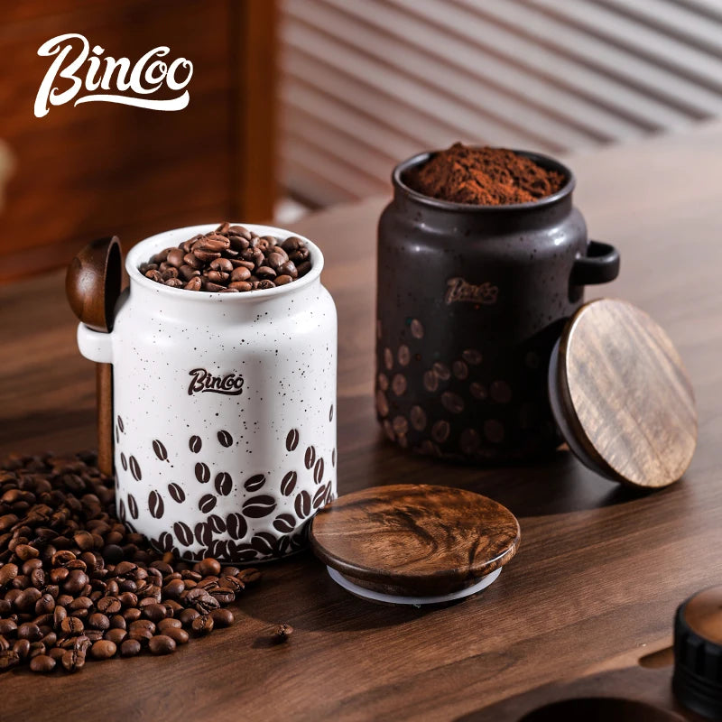 Bincoo 500ml Ceramic Coffee Canister – Airtight Wood Lid & Spoon Coffee Storage Canister Qst