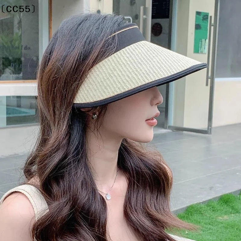 Women's Foldable Straw Visor Open Top UV Beach Sun Hat Straw Sun Visor Qst