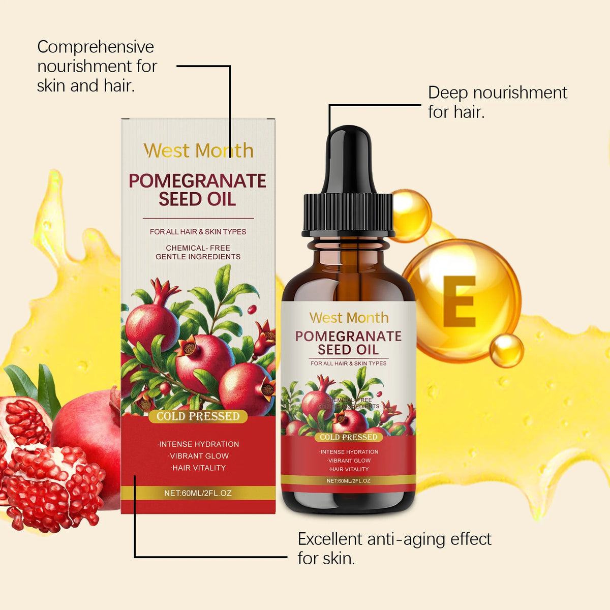 WEST MONTH 60ml Pomegranate Seed Oil – Hydrating Skin Care Body & Face Oil Qst