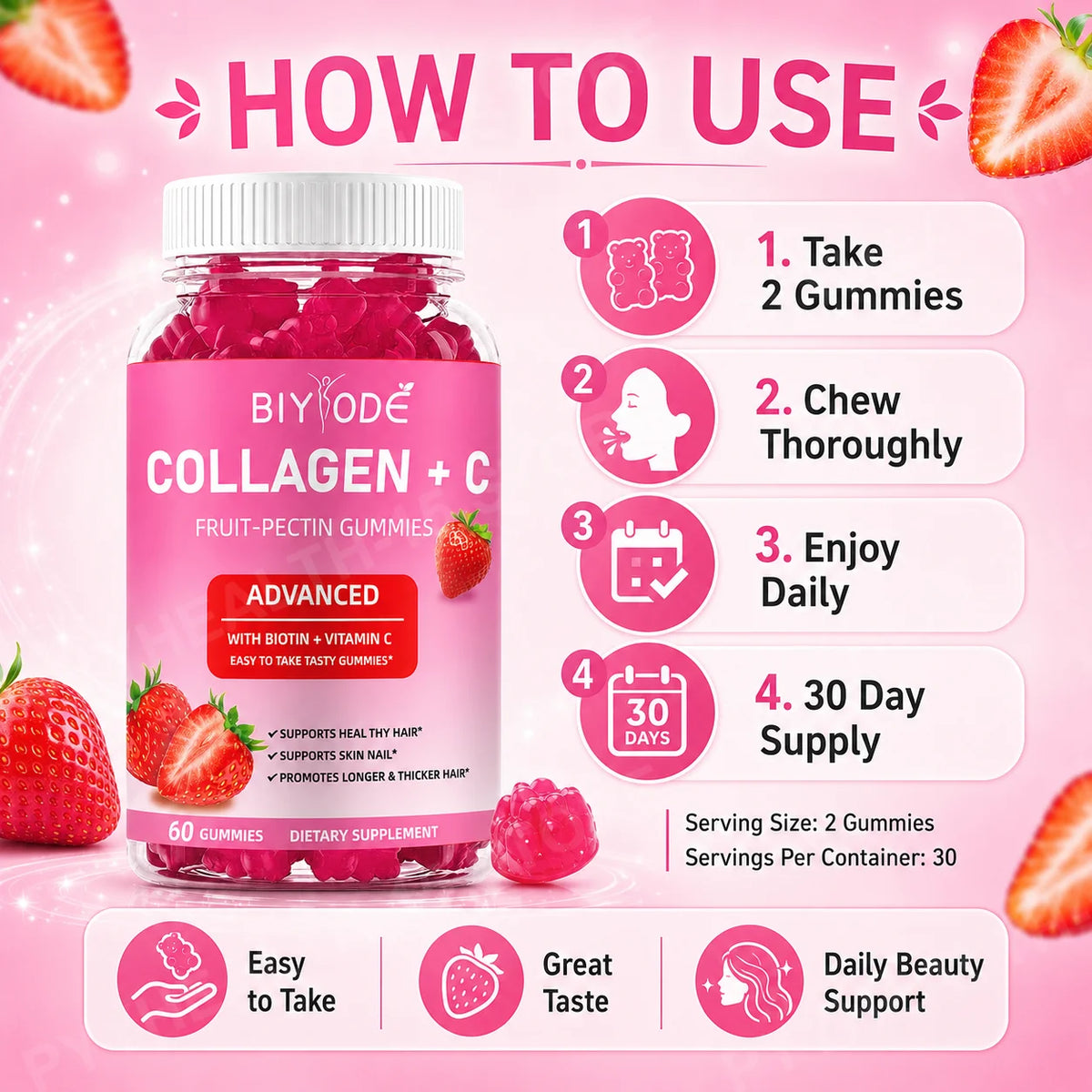 BIYODE Collagen Vitamin C Biotin Gummies – 60 Count Beauty Beauty Supplement Gummies Qst