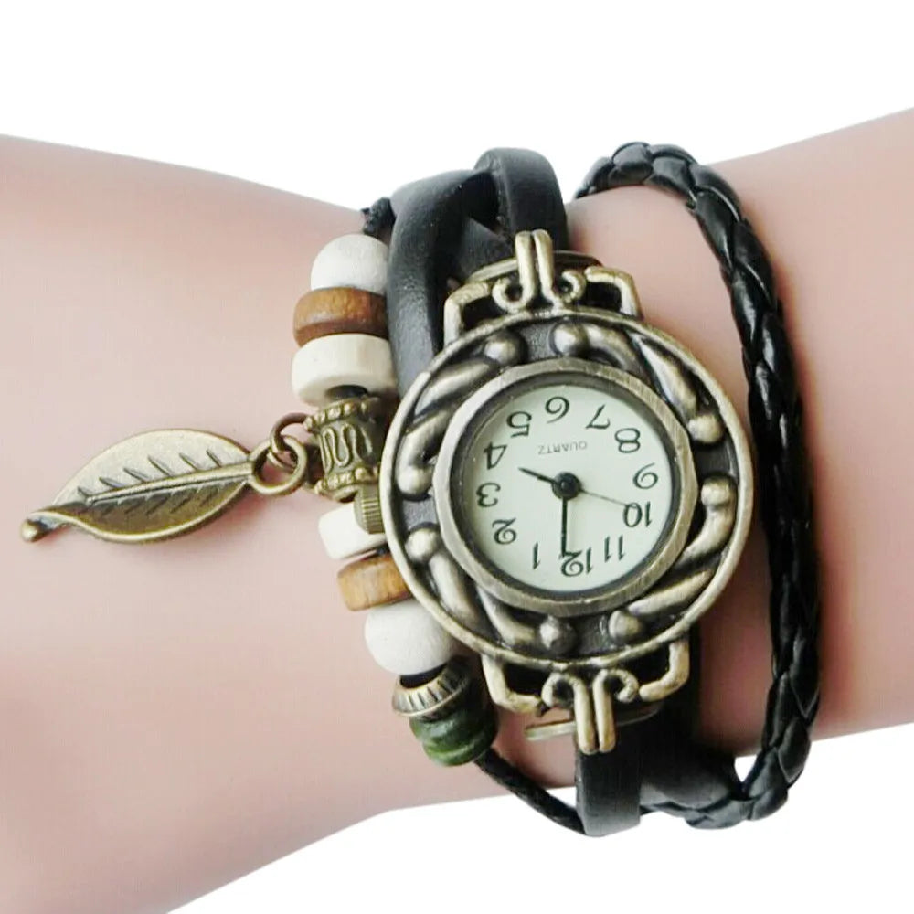 Women's Vintage Leather Wrap Bracelet Watch | Leaf Pendant Leather Bracelet Watch Qme