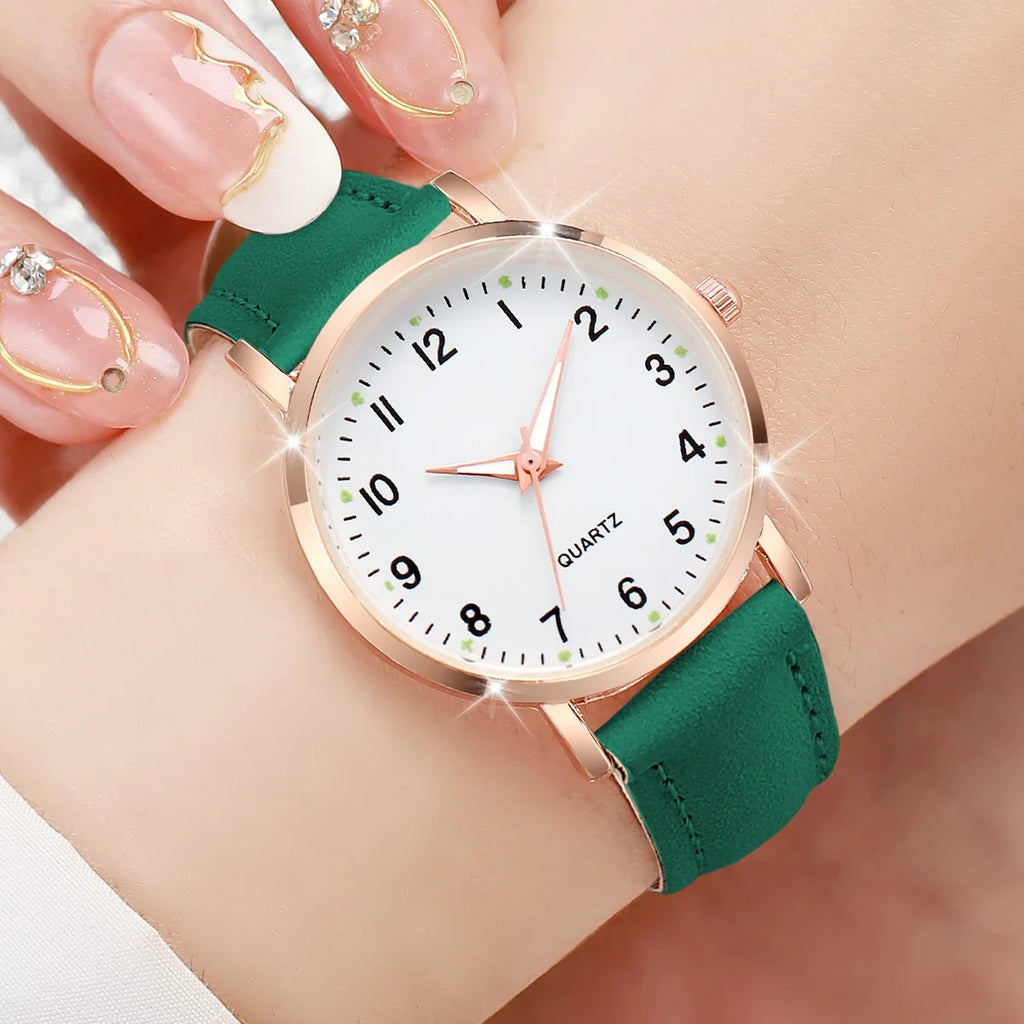 Women's Arabic Dial Quartz Watch & Leather Bracelet Set Quartz Watch Set Qme
