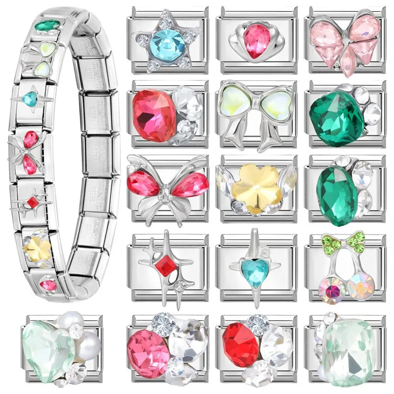 Zircon Stars & Cherry Italian Charm Links | DIY Bracelet Italian Charm Links Qme