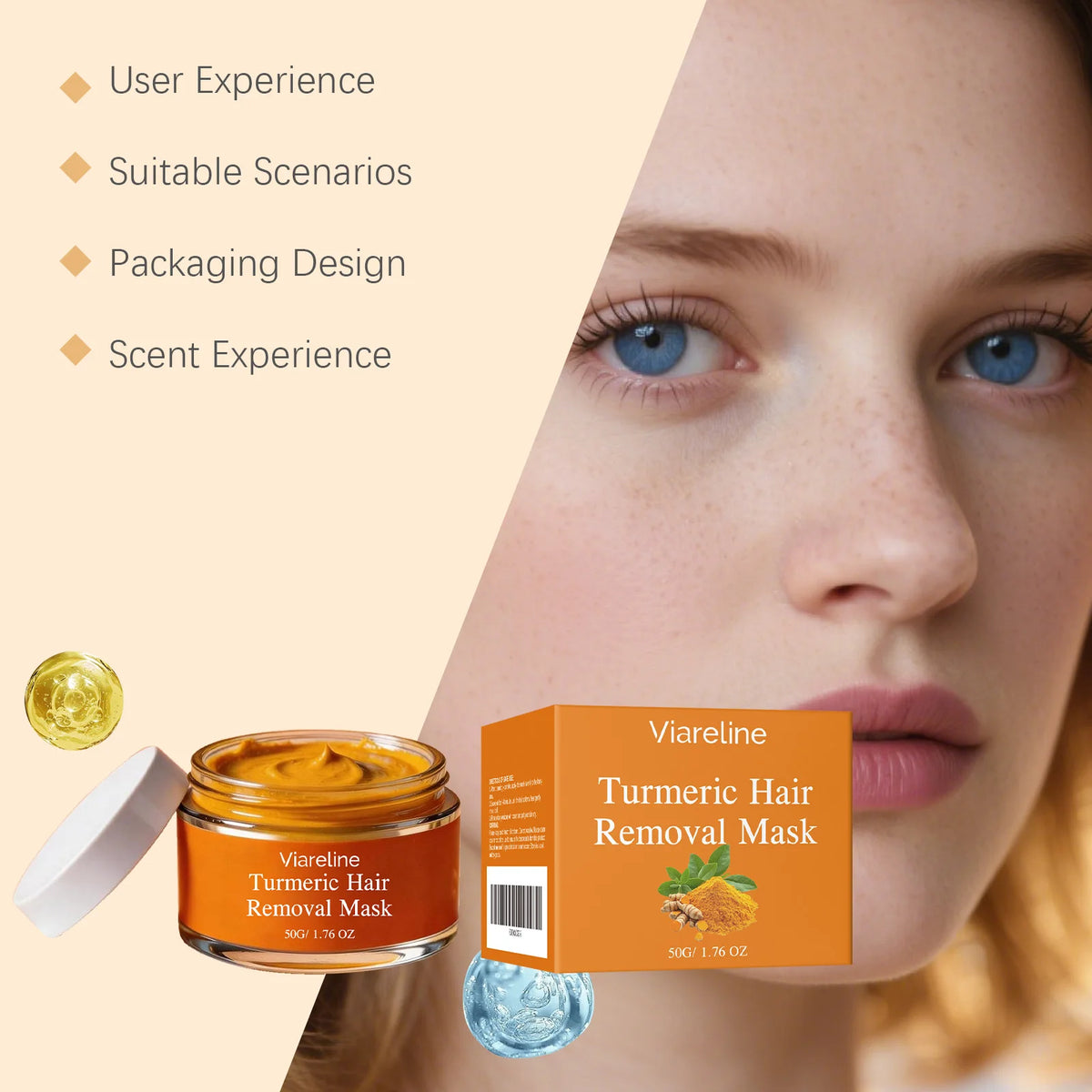 VIARELINE Turmeric Hair Removal Cream – Gentle Depilatory 50g Hair Removal Cream Qst