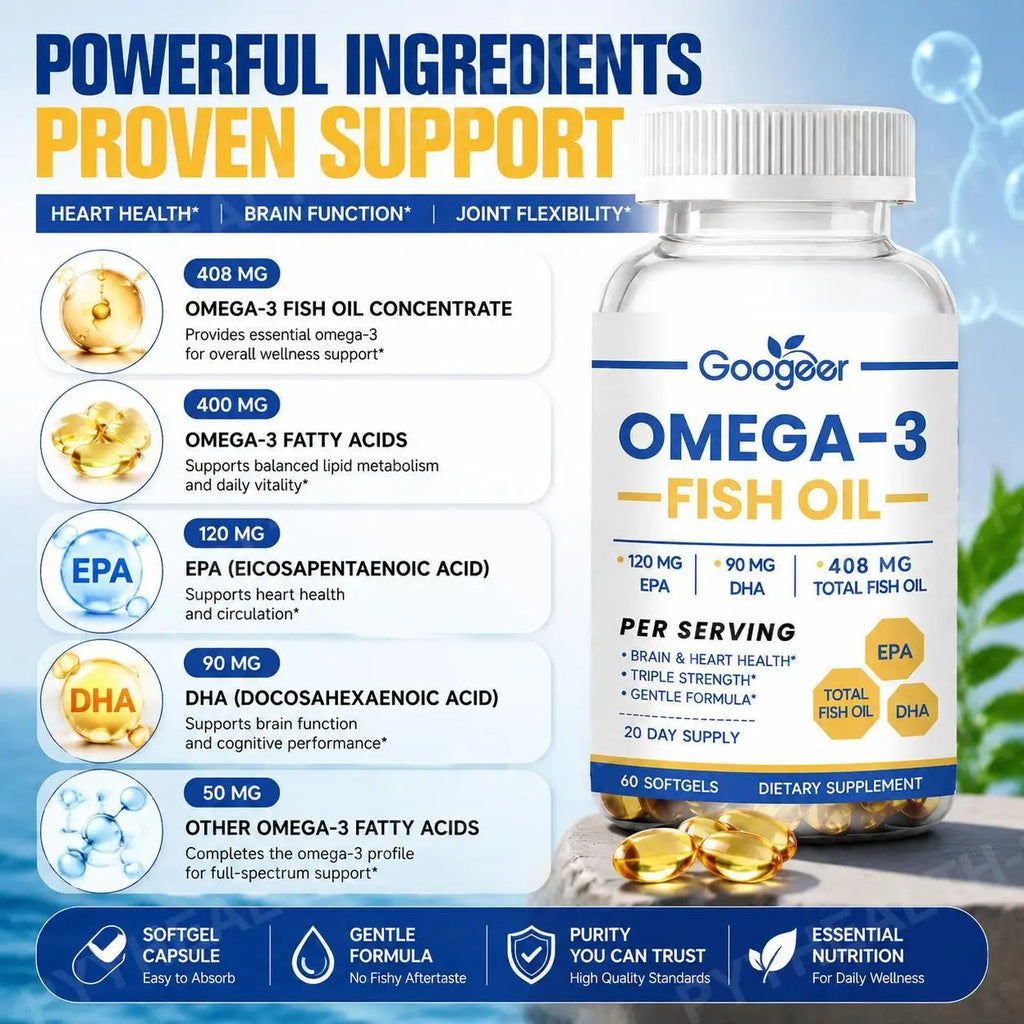 Googeer Omega 3 Fish Oil Softgels – EPA & DHA, 60 Count Omega-3 Supplement Qst