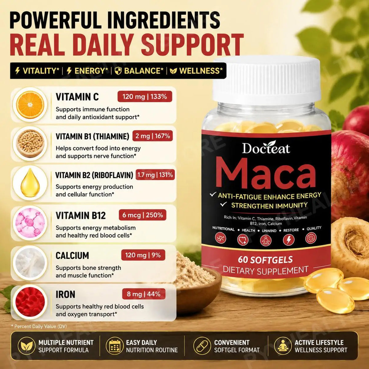 Docteat Maca Root Extract Softgels – Vitamins C B1 B2 B12, 60ct Wellness Supplement Qst