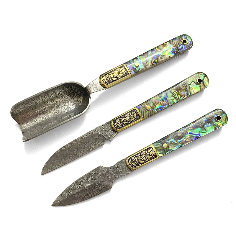 Damascus Steel Tea Knife & Scoop Set – Abalone Shell Handle Tea Ceremony Knife Set Qst
