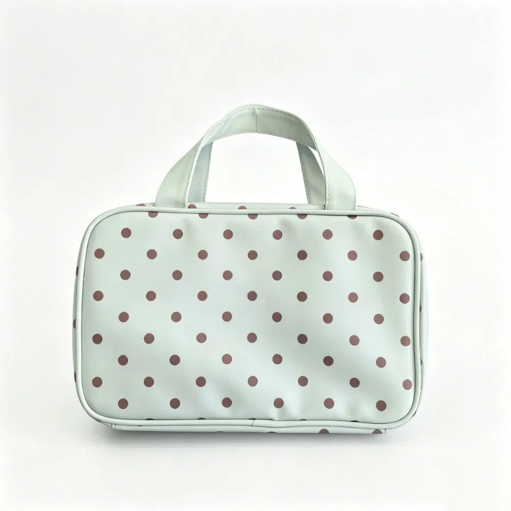 Korean Mint Green Polka Dot PU Leather Makeup Bag – Large Cosmetic Makeup Bag Qme