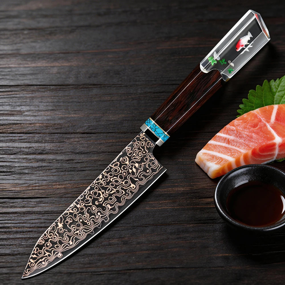 5-Inch Damascus Steel Japanese Utility Knife | Copper Pattern Japanese Kitchen Knife Qst Utility Knife