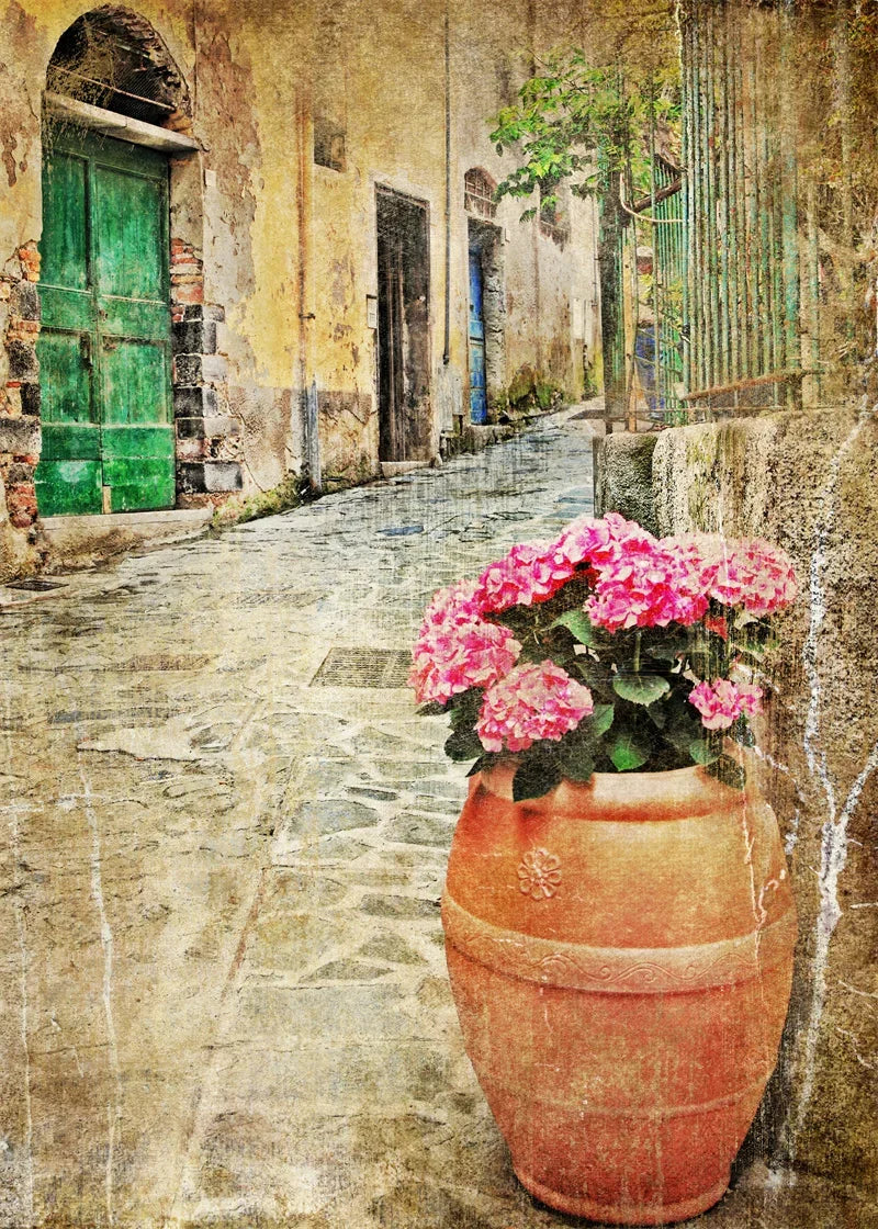 Retro Nostalgic Town Canvas Poster | Flowers Boats Bicycles