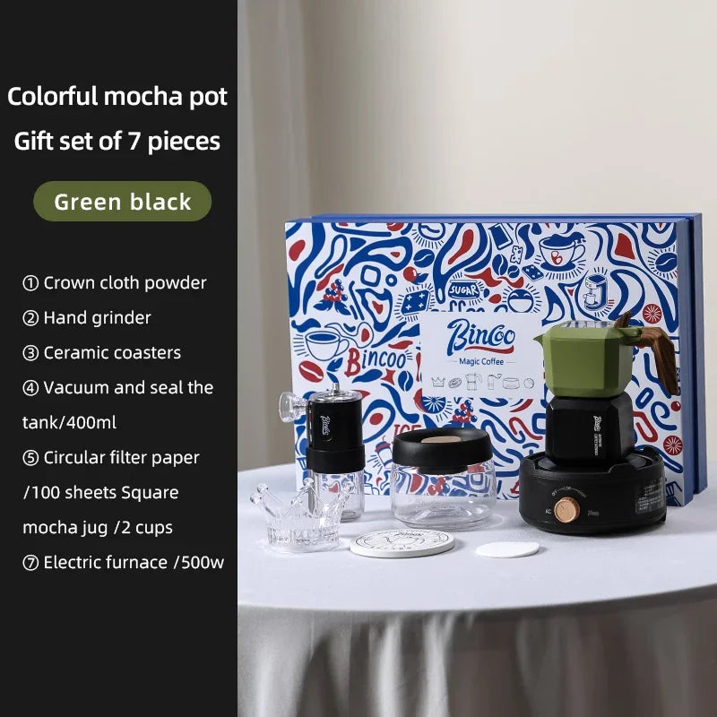Bincoo Dual Valve Square Moka Pot Espresso Gift Set 220V Moka Pot Set Qst Green black set