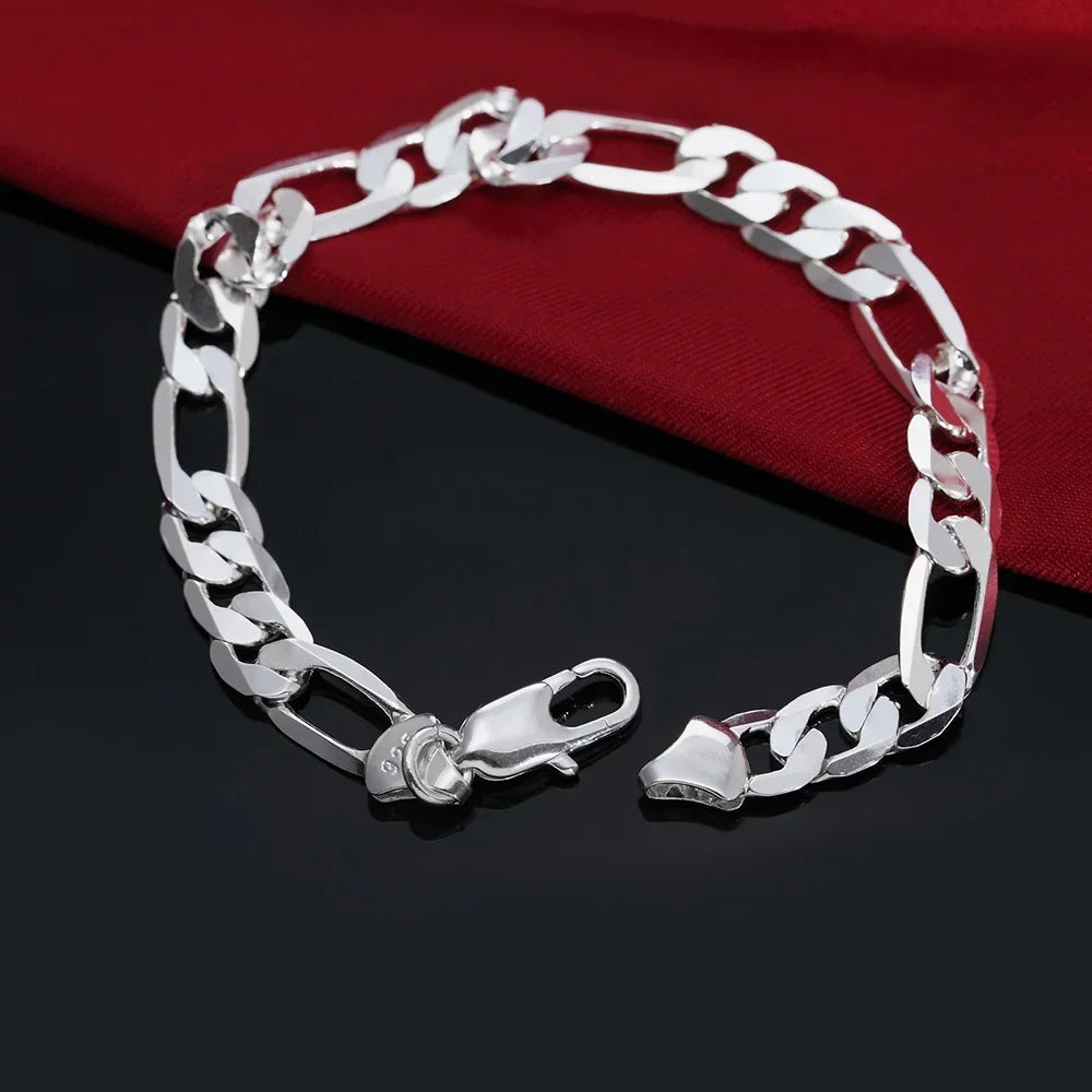 925 Sterling Silver Classic Flat Chain Bracelet for Men Men's Silver Bracelet Qme 20cm 8inches