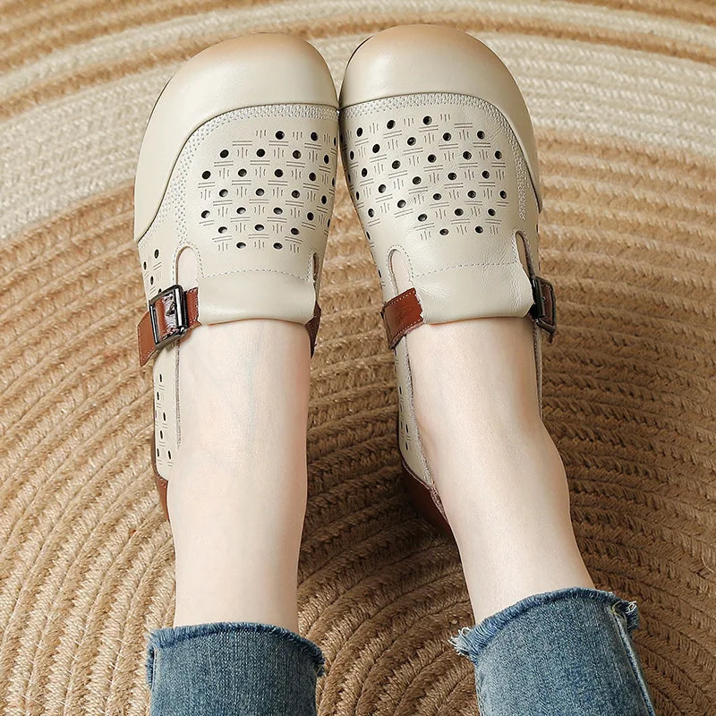 Women's Vintage Buckle Sandals – Genuine Leather Low Heel Women's Sandals Qst
