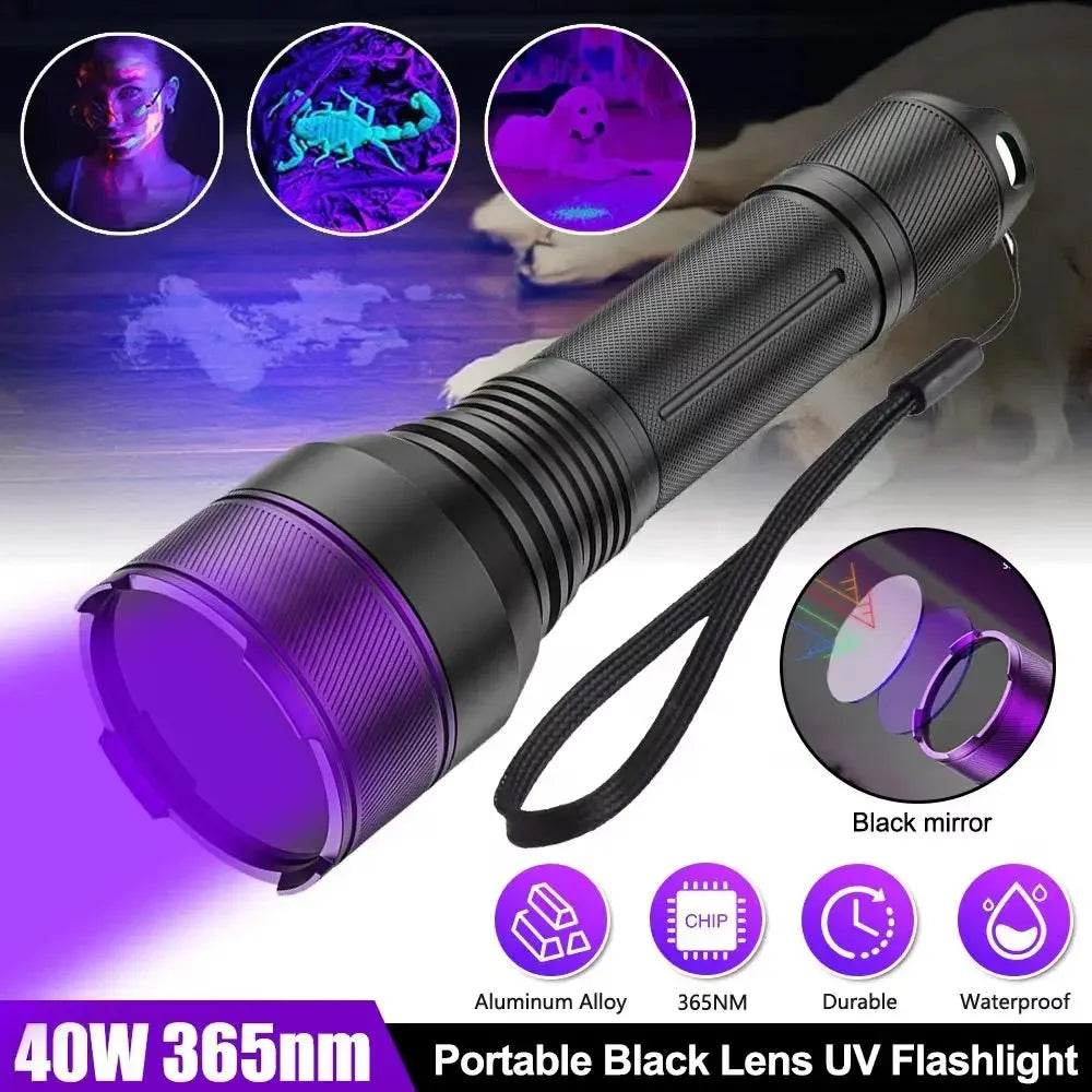 365nm UV Blacklight Flashlight – 4-Core 40W Rechargeable Torch UV Blacklight Flashlight Qst
