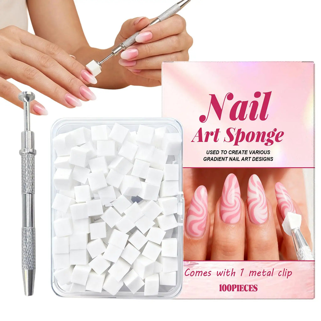 100 Soft Square Nail Art Sponges with Grabbing Pen | Pro Kit Nail Art Sponge Set Qme