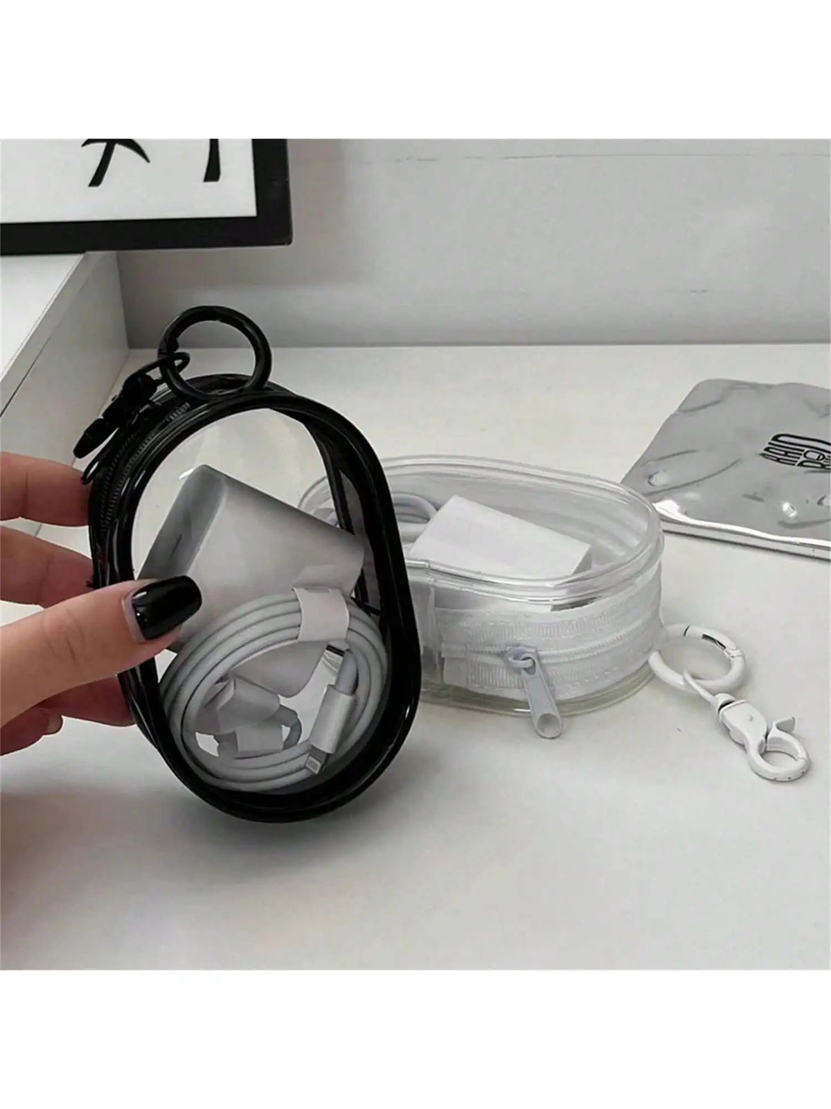 Transparent PVC Cable Storage Bag for Travel & Outdoor Use Cable Organizer Bag Qme