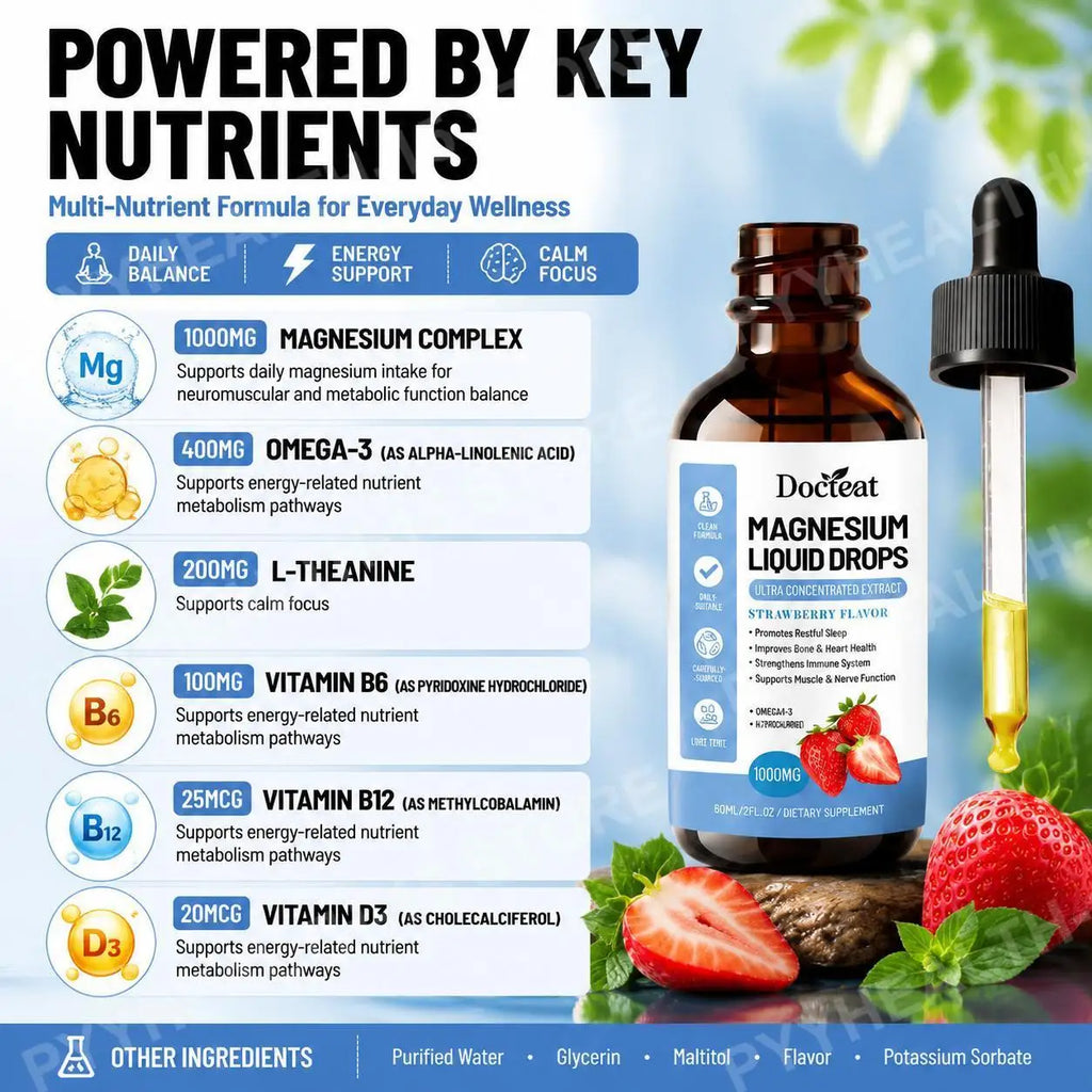 Docteat Magnesium Liquid Drops – Omega-3 ALA & L-Theanine 60mL Liquid Supplement Drops Qst