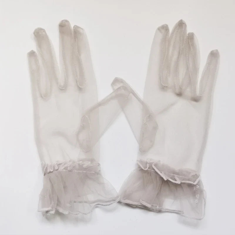 Women's Black Lace Gloves – Sheer Tulle Wedding & Bridal Lace Fashion Gloves Qme GRAY One Size