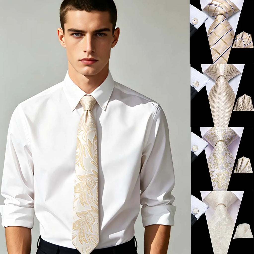 Men's Luxury Champagne Necktie Set – Pocket Square & Cufflinks Necktie Gift Set Qme