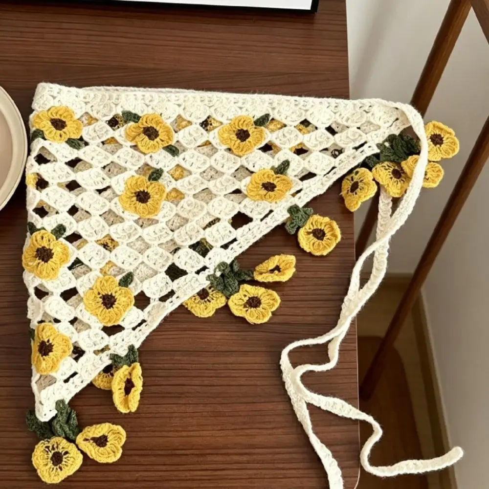 Floral Knitted Crochet Triangle Headband | Boho Style Knitted Triangle Headband Qme