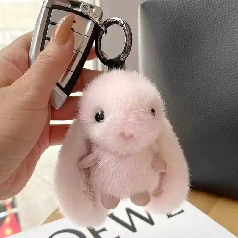 Plush Rabbit Keychain – Fluffy Soft Bunny Charm Pendant Plush Keychain Charm Qme pink
