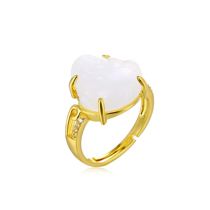 Maitreya Buddha Natural Jade Ring – Adjustable Unisex Natural Stone Ring Qme WHITE resizable
