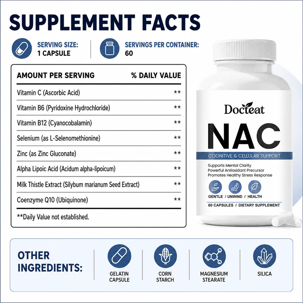 Docteat NAC Capsules – Antioxidant Blend with CoQ10 & Zinc Dietary Supplement Qst