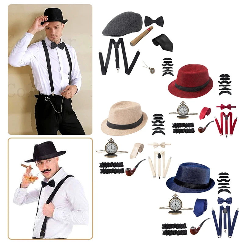 1920s Gatsby Cosplay Set – Hat, Pocket Watch, Bow Tie & More Costume Accessory Set Qst