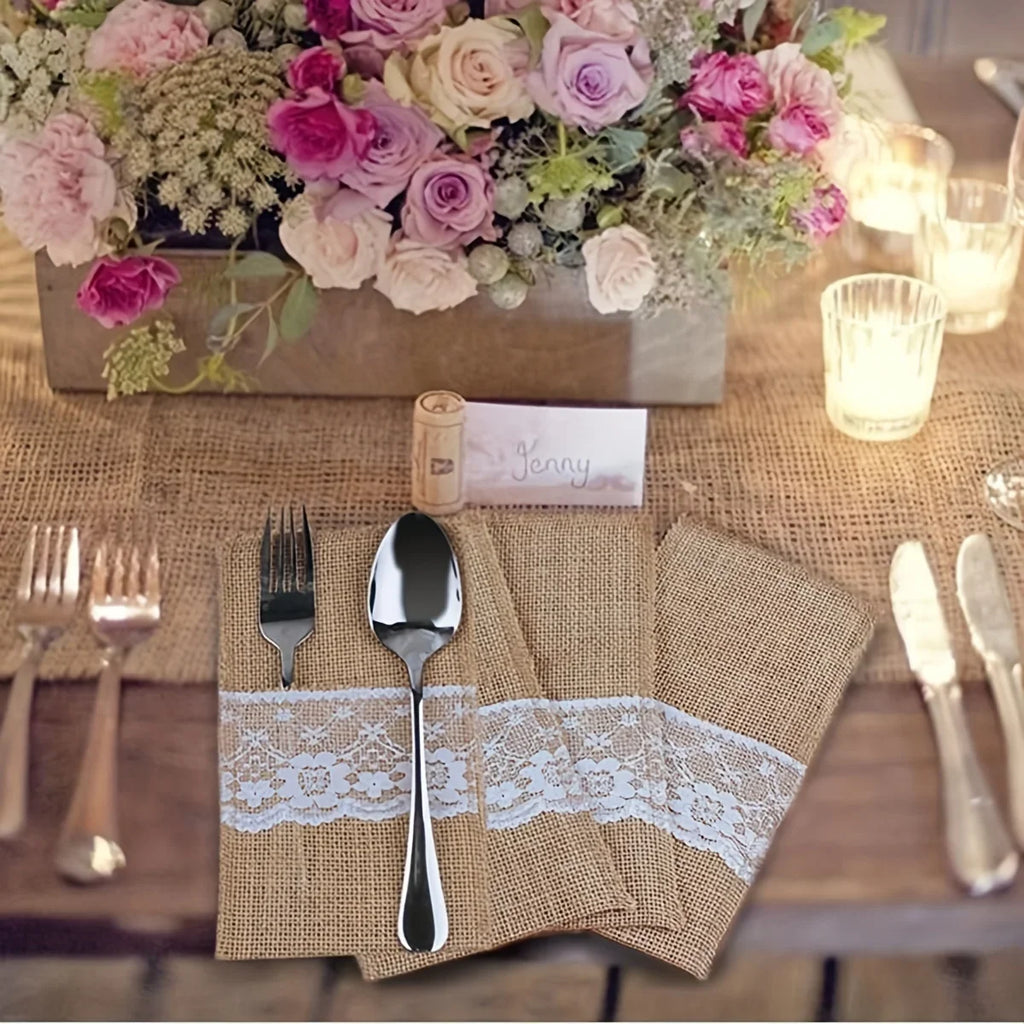 Burlap Lace Cutlery Bags Napkin Holder – Wedding & Party Napkin Cutlery Holder Qme