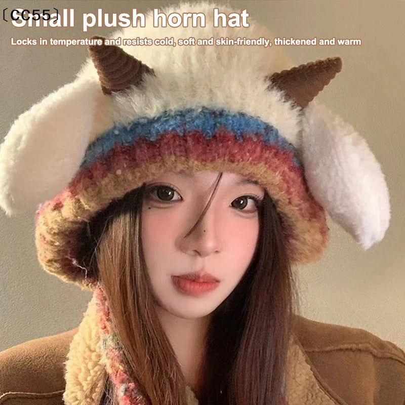 Women's Plush Knitted Beanie – Warm Winter Hat with Ear Cover Knitted Beanie Hat Qst
