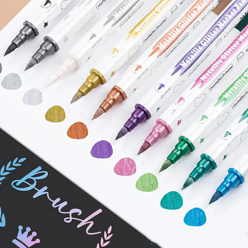 Metallic Glitter Dual Tip Marker Pens – Brush & Fine Nib Dual Tip Art Markers Qme