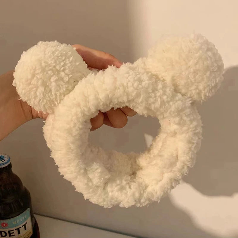 Cute Bear Ear Plush Wide Headband for Makeup & Face Wash Plush Hair Headband Qst